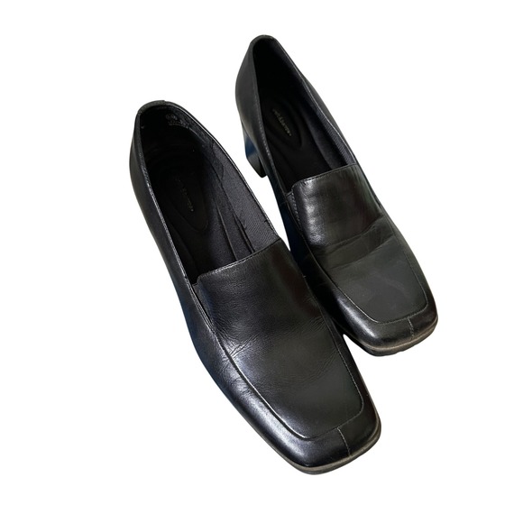 A2 by Aerosoles Black Leather Heeled Loafers Women's Size 9.5 M Square Toe - Picture 1 of 4